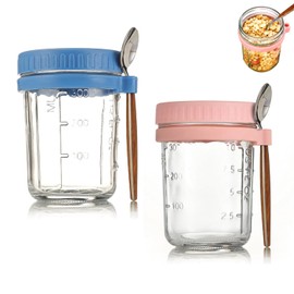 BLLREMIPSUR Mason Jars for Overnight Oats, 2 Pack 350ml Overnight Oats Jar with Spoons & Airtight Stainless Steel Lids - Food-Safe Glass Breakfast Pots for Yogurt Pudding