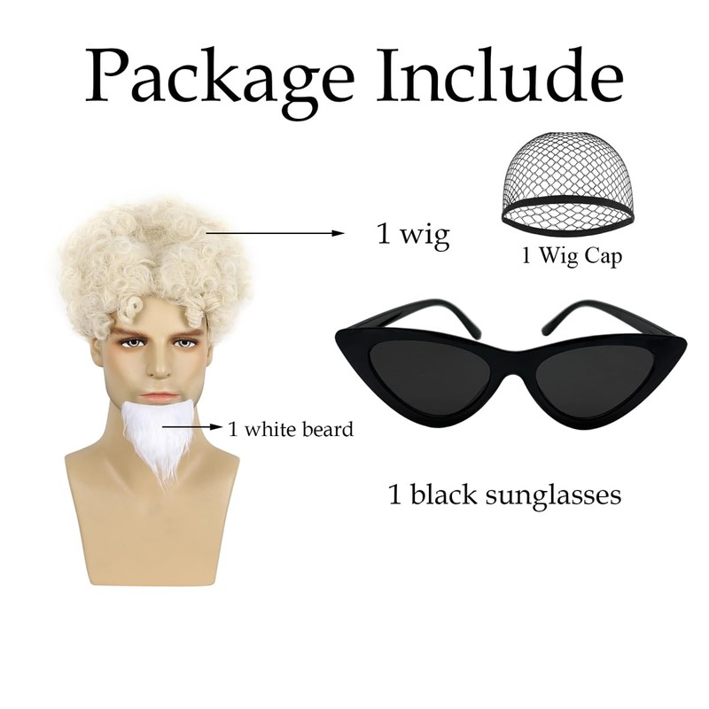 ATAYOU Mens Blonde Curly Wig with Goatee Beard and Glasses