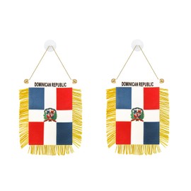 Rotenl 2 Pack Dominica Republic Window Small Mini Hanging Flag, 3 X 5 Inch Dominican Republic Car Flag Banner with Golden Fringy Tassel and Suction Cup, Wall, Door and Rearview Mirror Decor (Dominica)