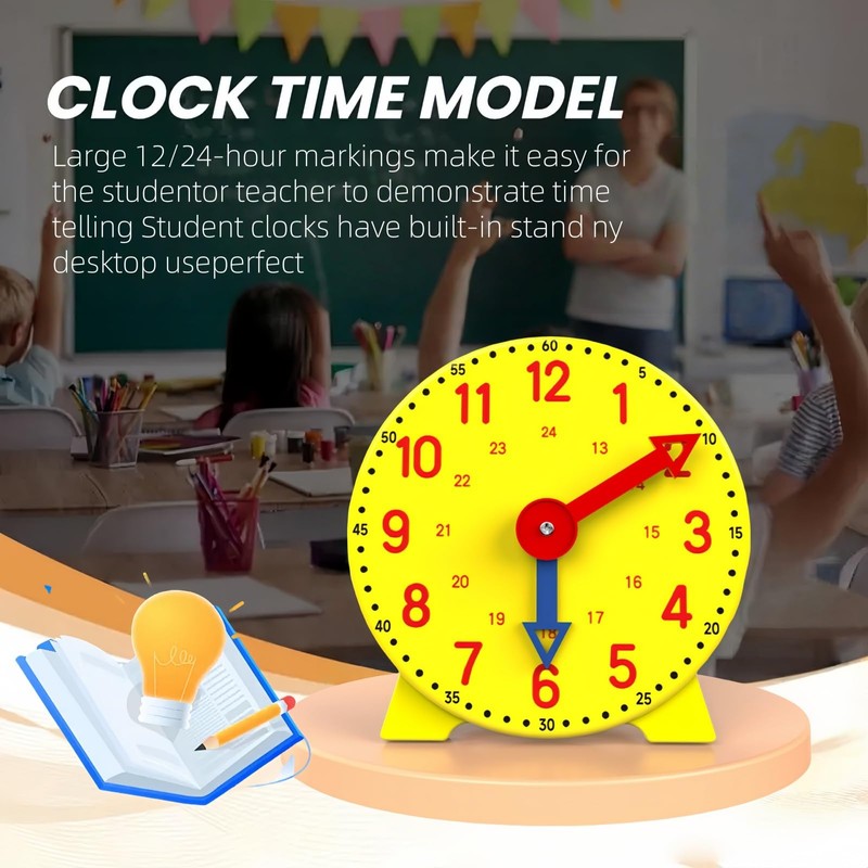 Mubuni 24-Hour Teaching Clock,Yellow Teaching Clock learn to time clock,Te/aching