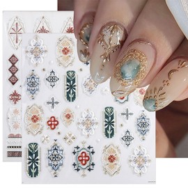2 Sheets Bohemian Nail Stickers 5D Embossed Flower Nail Art Stickers Self-Adhesive Shiny Gems Pattern Designs Nail Decorations Bohemian Style Nail Decals for Women Girls Acrylic Nail Art Supplies