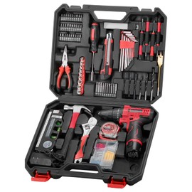 POWKITS Cordless Drill Tool Set: 12V Power Drill Tool Kit with Battery & Charger, 142Pcs Home Hand Repair Tools Box, Portable Household Basic Drills Case for Men & Women, Red
