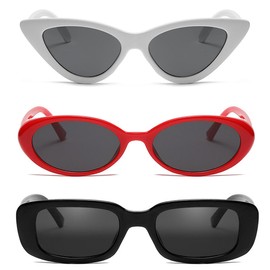 FADXIN Women's Sunglasses Set, 3 Pieces, Rectangle, Oval, Narrow Cat Eye, Vintage Style (Black/White/Red)