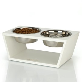 Pawfect Pets Elevated Dog Bowl Stand- 7" Raised Dog Bowl for Medium Dogs. Pet Feeder with Four Stainless Steel Bowls (White)