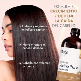 HEBBE Aceite De Ricino Puro 500 ml  Tratamiento Capilar y Facial Natural  Estimula Crecimiento de Cabello, Pestañas, Cejas y Barba  Hidratante y