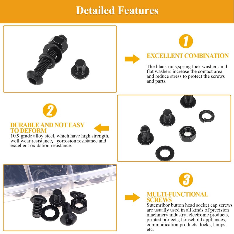 150 Pieces M6 Screws Nuts Washers Set Black, Sutemribor M6
