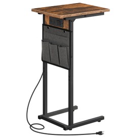 HOOBRO C Shaped Side Table with Charging Station, Slide Under Couch Table, Tray Side Table for Sofa Arm with Fabric Storage Pocket, for Living Room, Bedroom, Rustic Brown BF73USF01