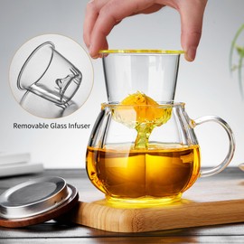 Unbreakable Glass Tea Cup with Infuser and Lid - 15.6oz Tea Mug for Loose Leaf Tea, Infusion Mug with Glass Filter and Wood Lid