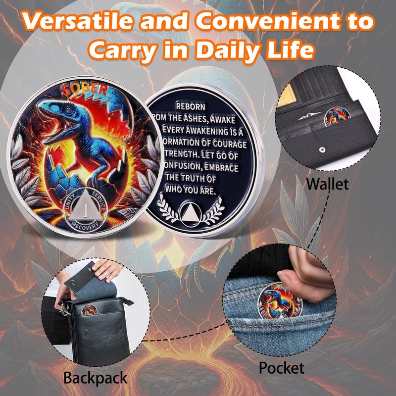 Leafence Sober Coin for Reborn Raptor Sobriety Chip Dinosaur Recovery