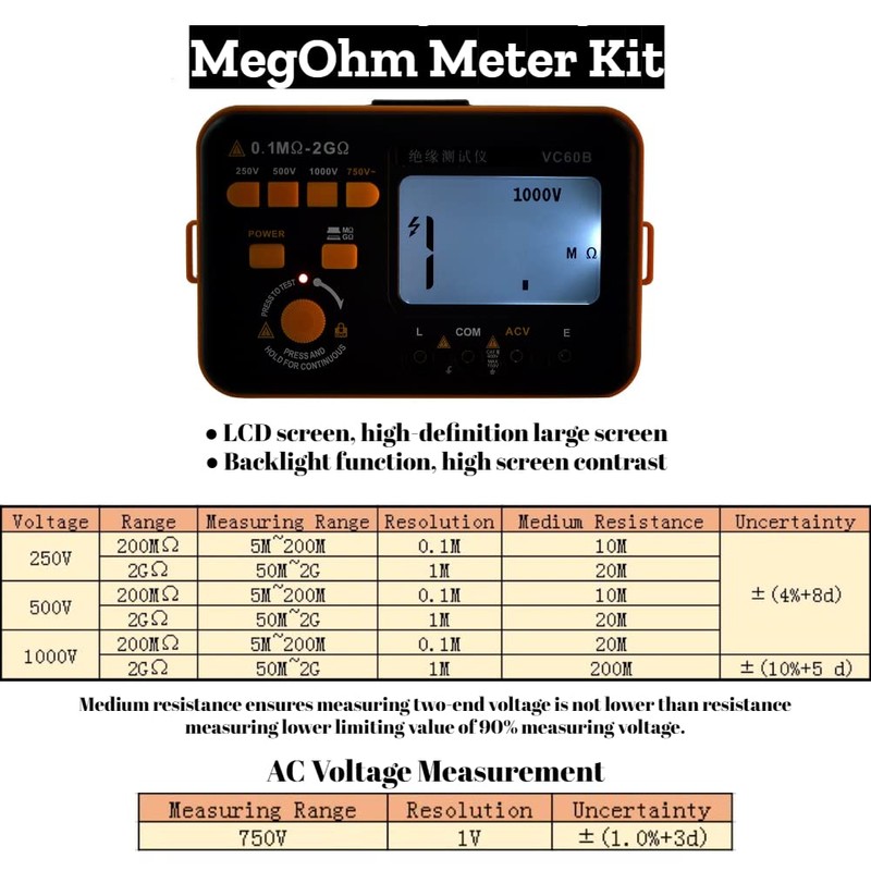 VC60B LCD Digital Megohmmeter Insulation Resistance Tester MegOhm Meter 200MΩ