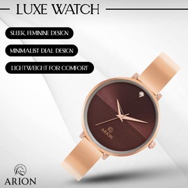Arion Women’s Analog Quartz Watch 32mm Rose Gold-Painted Brass Strap Wristwatch, Premium Fashion Dress Timepiece with Gift Box. for Women Ladies Girls.