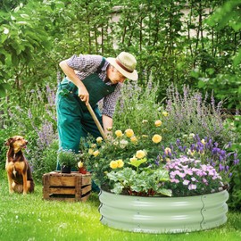 Aoodor 9" Tall Aluzinc Metal Raised Garden Bed, 30" Round Outdoor Planter Box for Vegetables, Flowers, and Herbs, Olive Green