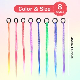 8Pcs Colored Hair Extensions for Kids, Colorful Hair Extensions with Rubber Bands, Rainbow Ponytails Braided, Crazy Hairs Day Accessories for Girls