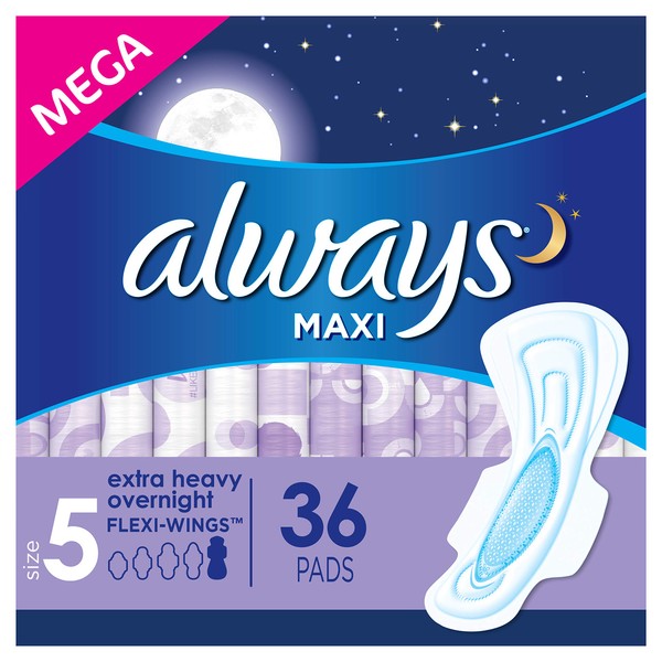 Always Maxi Feminine Pads for Women, Size 5, Extra Heavy Overnight Absorbency, with Wings, Unscented, 36 Count, Pack of 4 (Package May Vary)