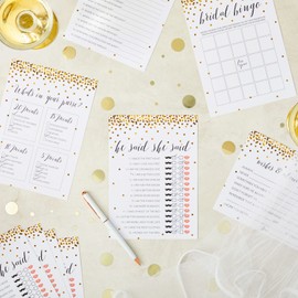 Juvale Bridal Shower Games 250 Pieces for 50 Guests - 5x7 in Gold Polka Dot Cards - Includes Bingo, He Said & She Said & Wedding Advice - Wedding Shower Games & Bridal Favors for 50 Guests