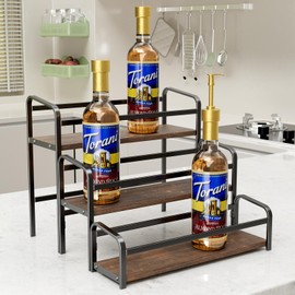 3-Tier Coffee Syrup Rack for Countertop, Large Capacity 12-Bottles Syrup Stand with Wood Shelf & Metal Frame for Coffee Bar, Premium Black Coffee Organizer Station/Wine Rack for Kitchen Storage