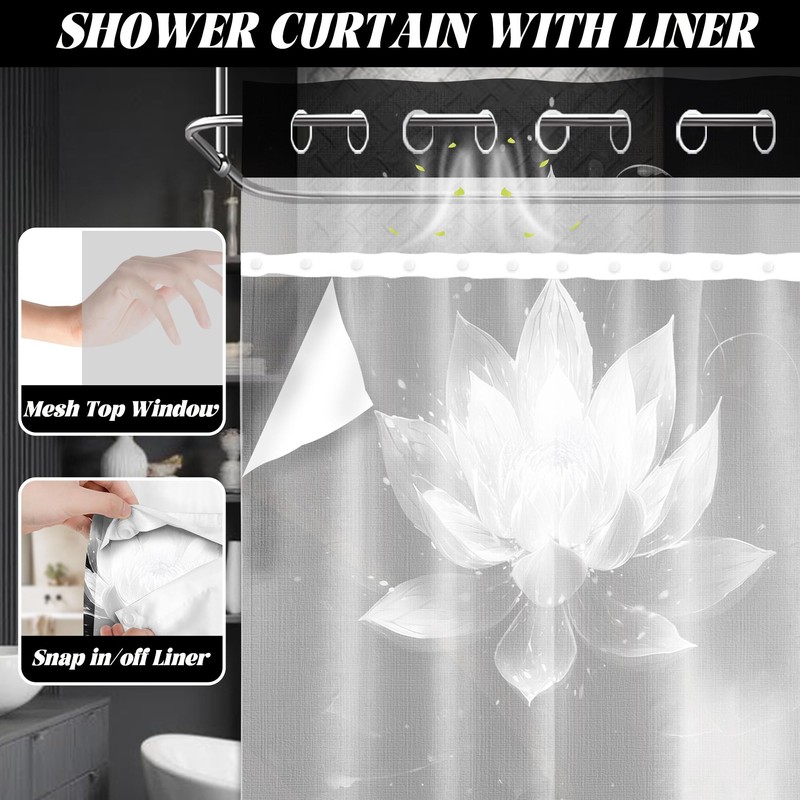 DLTAY Black and Grey Hookless Shower Curtain with Snap in