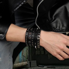 MILAKOO Punk Goth Bracelet Multi Layers Spikes PU Leather Bracelet for Men Women Rock Biker Wide Strap Belt Cuff, Faux Leather, No gemstone