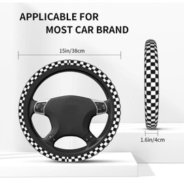 Checkered Steering Wheel Cover Universal 14.5-15 Inch Non-Slip Black and White Car Accessories for Women Men