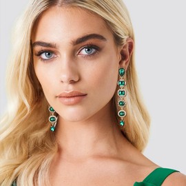 EVER FAITH Rhinestone Art Deco Long Dangle Earrings, Bling Round Square Oval-cut Teardrop Crystal Prom Pierced Earrings for Women Green Gold-Tone