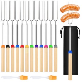 NINGYER 12 Stk Grillspieße Ausziehbar, 31-81 cm Holzgriff Edelstahl Teleskop Grillspieß mit 2 Bürsten, Marshmallow Spieße für Camping, Lagerfeuer, Picknick