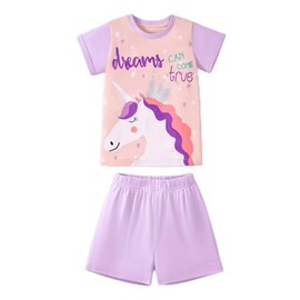 HILEELANG Little Girl Summer Short Outfits Sets Cotton Casual Purple Unicorn Top Tees Shorts Playwear Clothing Sets Size 7