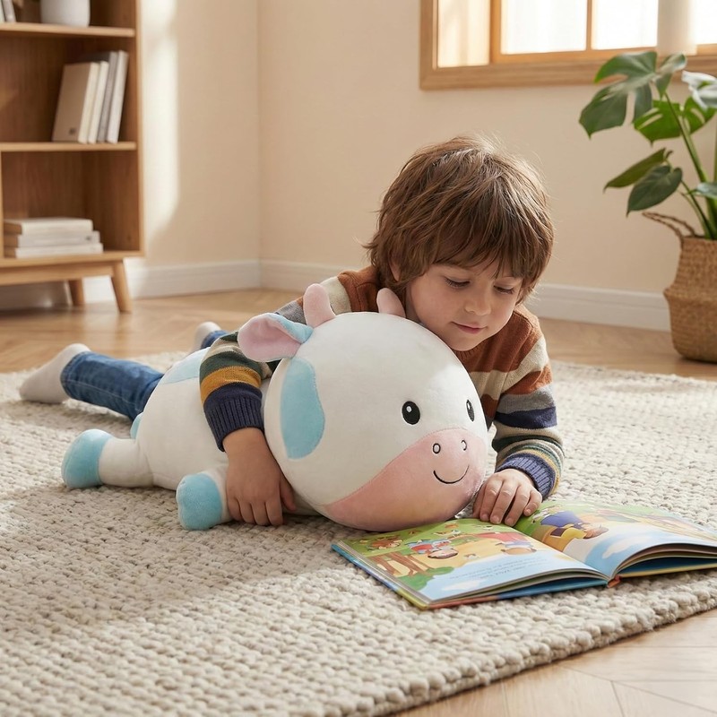 Kawaii Plush Cow Pillow – Soft Blue & White Stuffed