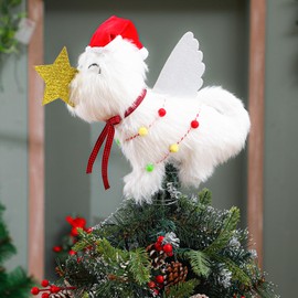 JellyArch Dog Christmas Tree Topper with Hat Glitter Star Wings Christmas Tree Topper Decoration Dog Angel Tree Topper with Wings Decor Ornament Plush Doggie Lover Gift Ideas Puppy Decor for Holidays