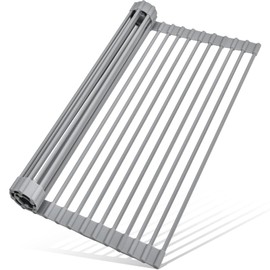 MERRYBOX Roll Up Dish Drying Rack, Silicone Wrapped Over The Sink Dish Rack Foldable Dish Drainer Anti-Slip Dish Racks for Kitchen Counter, Multipurpose Kitchen Sink Drying Rack, 18" x 13", Light Gray