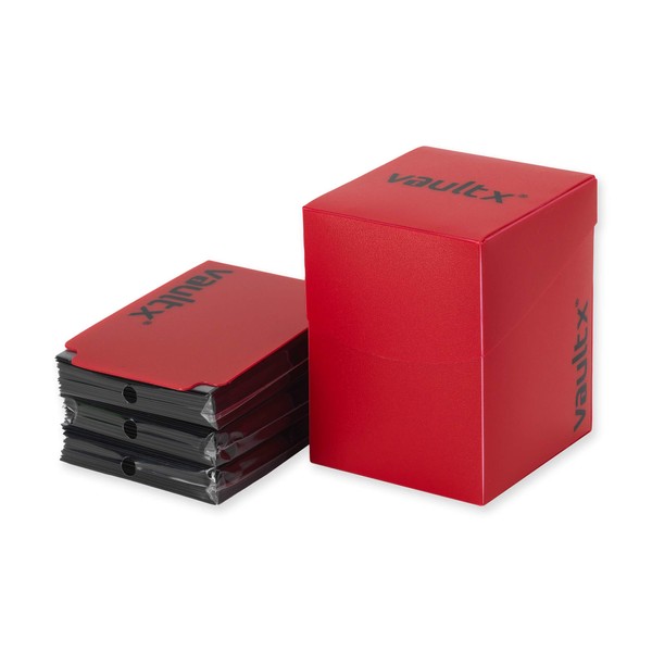 Vault X Large Deck Box with Self-Securing Lid and 150 Easy Shuffle Sleeves - Spacious Portable Holder Fits Over 100 Sleeved Cards - PVC Free Box and Sleeves (Red)