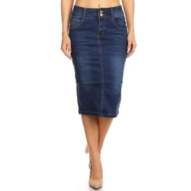 Women's Juniors Mid Waist Below Knee Length Denim Skirt in a Pencil Silhouette in M. Blue Size S