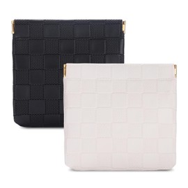 Sightor 2PCS Small Makeup Bag for Purse, Mini Cosmetic Bag Waterproof Pouch for Women, Checkered Purse Self-closing Coin Lipstick Small Leather Cosmetic Pouch (Black, White)