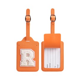 Initial Luggage Tags, PU Leather Suitcase Tags for Baggage Handbag Travel Bag Tags with Privacy Cover Name Card, Lettered Embroidered Travel Bag Labels Gifts for Women Kids Teens(Orange R)