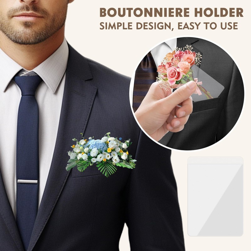 10Pcs Pocket Boutonniere Plastic Sleeve,Transparent Boutonniere Pocket Holder Square