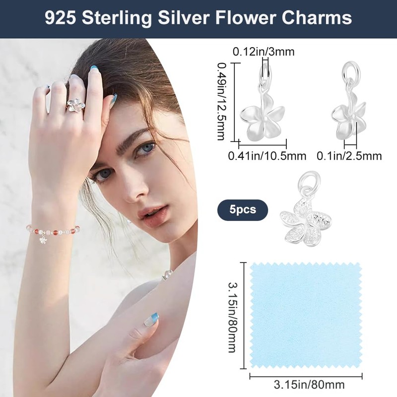 Beebeecraft 5Pcs 925 Sterling Silver Flower Charms Floral Pendants