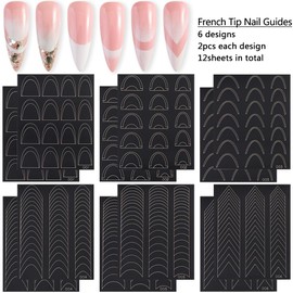 FSpronail French Nail Template Stickers(6 Deisgns,12Sheets) Smile Moon Crescent V-Shaped Design French Nails Self-Adhesive Stencil Tips for Manicure Edge Tweezers Set White Pearl Chrome Nail Powder