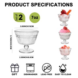 CHPINDAM Vintage Glass Dessert Bowls, Dessert cups Set of 4, 9 oz Sundae Cups for Ice Cream, Fruit, Pudding, small snacks, Yogurt, and Appetizers (2)