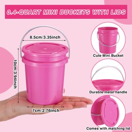 Hushee 6 Pcs Mini Plastic Buckets with Lids, 0.4 Quart Pink Buckets for Party Gift Packaging, Candy Holders Easter Halloween Christmas Candy Treat Snacks Holder Birthday Baby Shower Party Supplies
