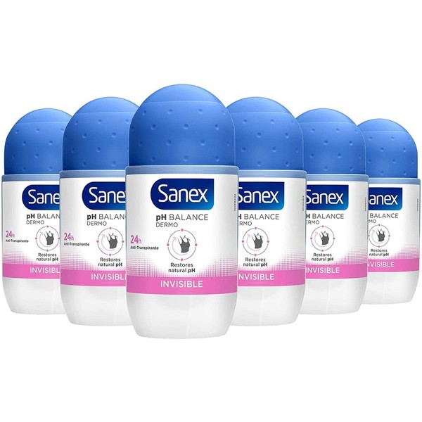 SANEX Dermo Invisible Women's Roll-On Deodorant Keeps Skin Healthy Pack of 6 x 50 ml