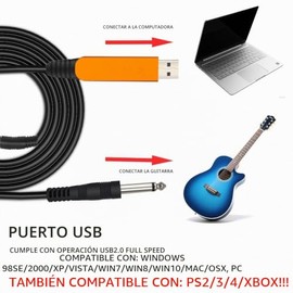 Cable USB para guitarra de 10 pies para grabación de instrumentos. Cable adaptador de audio USB-A a 6.35mm 1/4 TS chapado en oro para guitarra electró