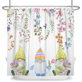 Arrebolart Colorful Spring Gnomes Fabric Shower Curtain Light Blue Pink Flower with Green Leaves Bathroom Decor Farmhouse Botanical Plant Set for Waterproof Hooks, 72Wx72L