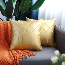 BRAWARM Leather Pillow Covers 16 X 16 Inches, Gold Faux Leather Pillow Covers Pack of 2, Geometric Embroidery Leather Decorative Throw Pillows for Living Room Couch Bed Sofa Home