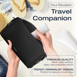 KAZAY Travel Toiletry Bag, Smart Design with Side Clips for Adjustable Sizing, Water Resistant, Premium Nylon, Cosmetic Bag, Full-Size Bottles, Travel Size Toiletries, Makeup Bag, Unisex (Black)