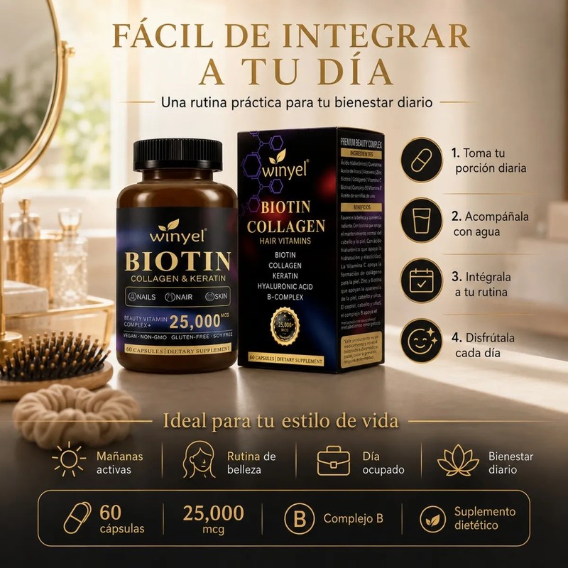 Biotina Con Colágeno Queratina Ácido Hialurónico 60 Caps