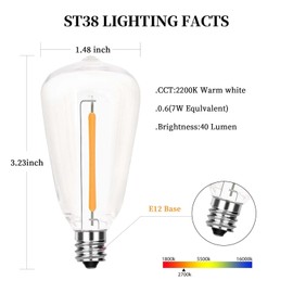 QZFGYAN 10 Pack ST38 Replacement Bulbs,ST38 Clear Shatterproof Bulbs,C7/E12 Screw Base,Vintage 0.6W for Indoor Outdoor Patio String Lights