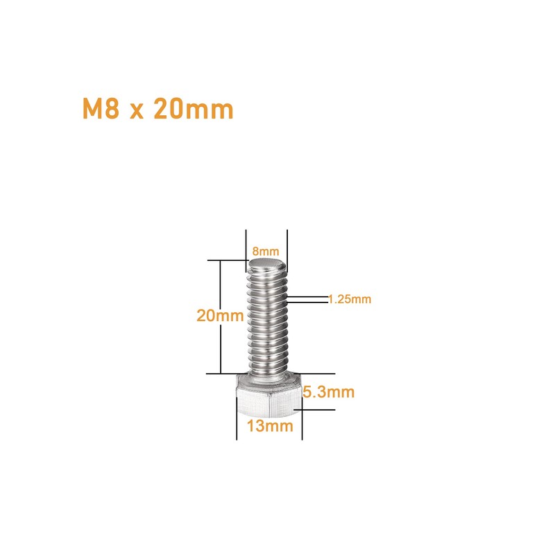 binifiMux 10-Pack M8 x 20mm Hexagon Screws Hex Bolts with