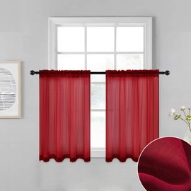 MIULEE Solid Xmas Red Kitchen Sheer Curtains Tiers 36 inches Length with Linen Textured for Small Half Window Bathroom Voile Drapes for Living Room Decor 2 Panels 29 inches Wide