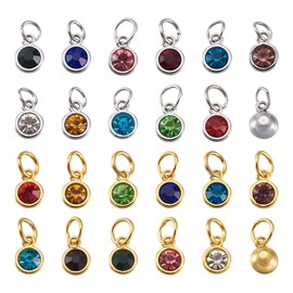 PandaHall 48pcs Flat Round Rhinestone Charms Pendant 24 Colors Gold & Silver Plated Birthstone Dangle Pendants for DIY Craft Necklace Bracelet Jewelry Making