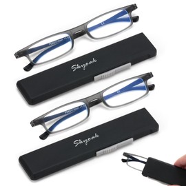 2 Pack Ultra thin Lightweight Folding Reading Glasses Women Men TR90 Blue Light Blocking Anti UV/Eyestrain Foldable Compact Computer Readers Portable Unique Stretchable Slim Flat case Gunmetal +3.5