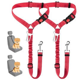 SlowTon Dog Seat Belt for Car, 2 Pack Dog Car Harness Seatbelt Adjustable with Elastic Bungee Buffer, 2 in 1 Pet Car Leash Headrest Restraint Dog Reflective Safety Tether (S, Red, Headrest+Clip)